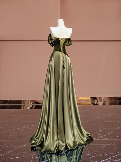 Vintage Green A Line Off-Shoulder Evening Gowns Satin Long Prom Dress AP2340