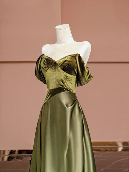 Vintage Green A Line Off-Shoulder Evening Gowns Satin Long Prom Dress AP2340