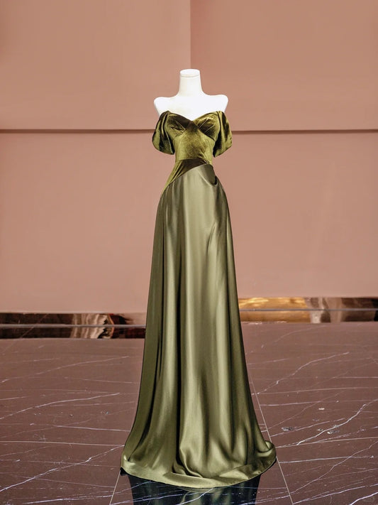 Vintage Green A Line Off-Shoulder Evening Gowns Satin Long Prom Dress AP2340