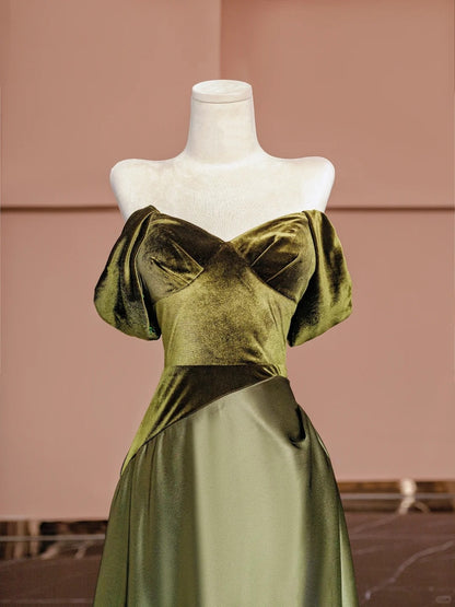 Vintage Green A Line Off-Shoulder Evening Gowns Satin Long Prom Dress AP2340
