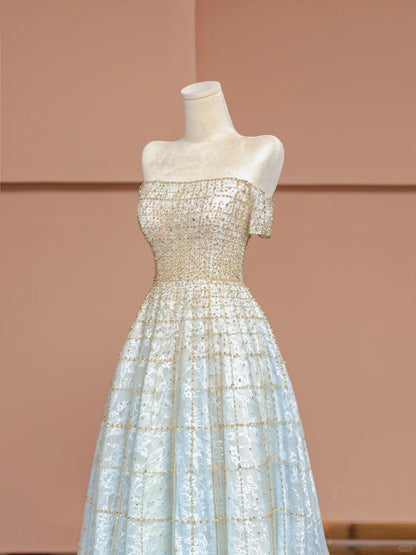 Sweet A-Line Off-Shoulder Evening Gowns Beading Rhinestone Floor Length Long Prom Dress AP2341