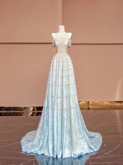 Sweet A-Line Off-Shoulder Evening Gowns Beading Rhinestone Floor Length Long Prom Dress AP2341