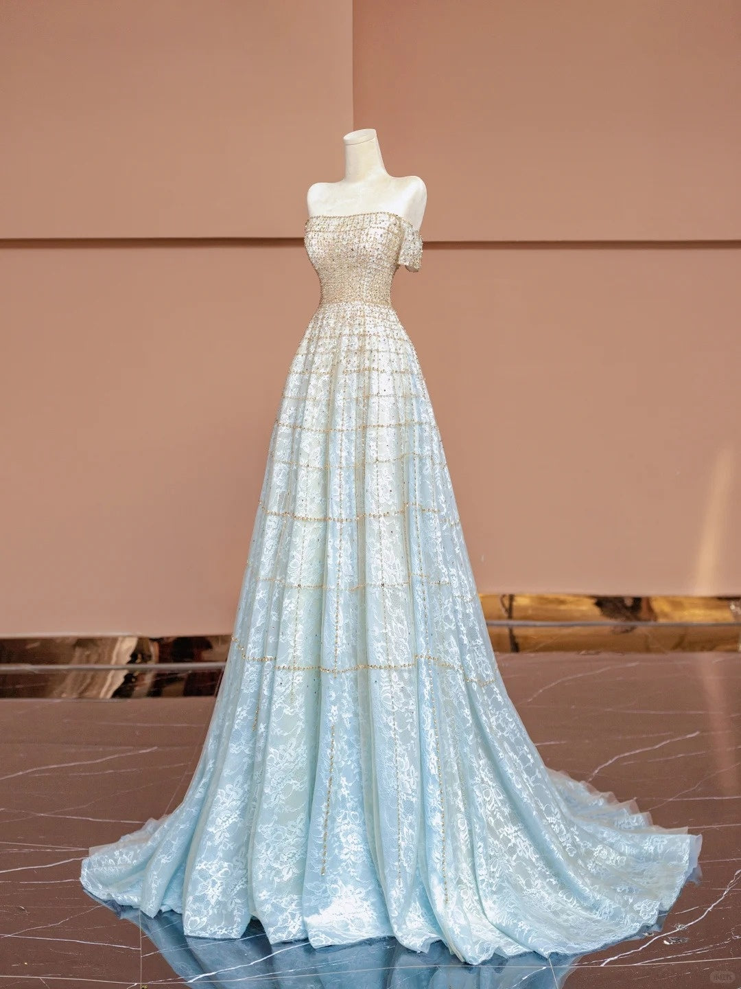 Sweet A-Line Off-Shoulder Evening Gowns Beading Rhinestone Floor Length Long Prom Dress AP2341