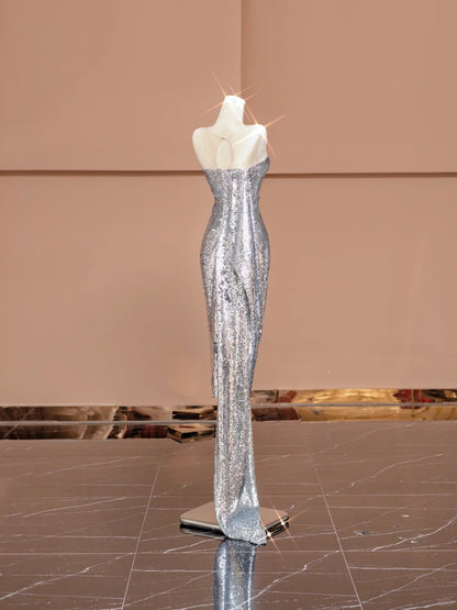 Novelty Illusion Neck Sheath Evening Gowns Sequins Gathered Prom Dress AP2342