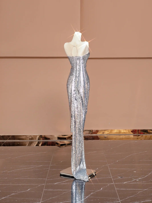 Novelty Illusion Neck Sheath Evening Gowns Sequins Gathered Prom Dress AP2342