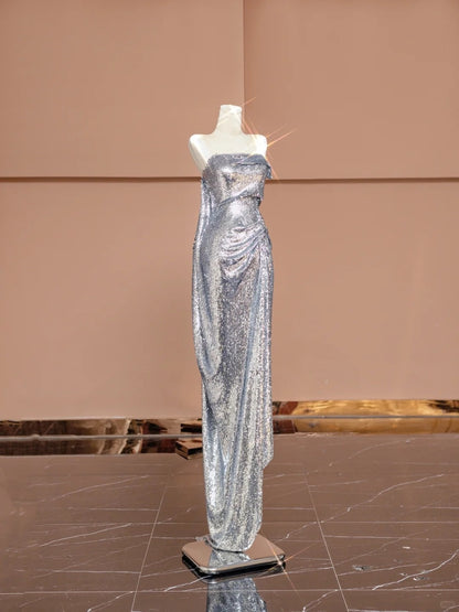 Novelty Illusion Neck Sheath Evening Gowns Sequins Gathered Prom Dress AP2342