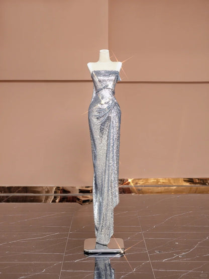 Novelty Illusion Neck Sheath Evening Gowns Sequins Gathered Prom Dress AP2342