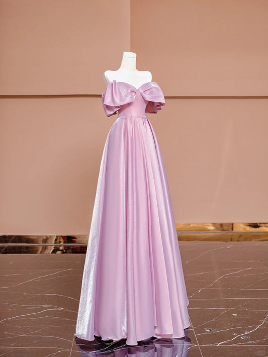 Stunning Ruffled Off-Shoulder A-Line Evening Gowns Pink Floor Length Long Prom Dress AP2343