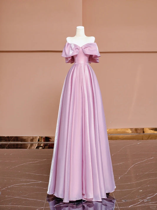 Stunning Ruffled Off-Shoulder A-Line Evening Gowns Pink Floor Length Long Prom Dress AP2343