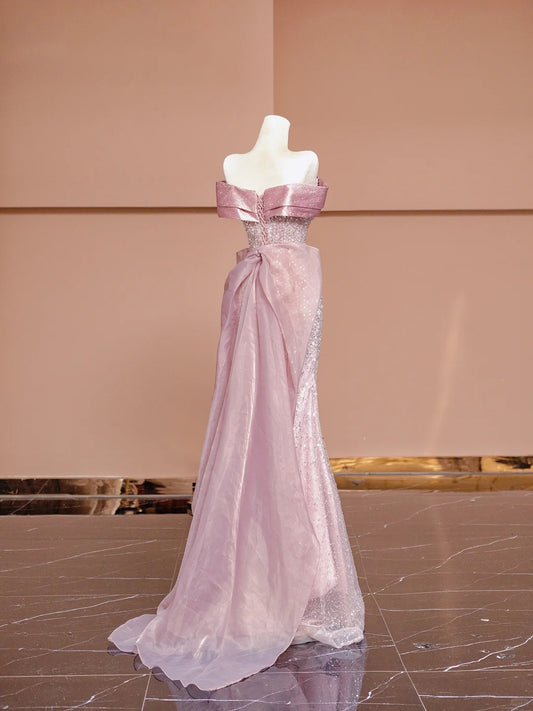 Elegant Mermaid Off-Shoulder Formal Dress Sequins Pink Tulle Prom Dress AP2344