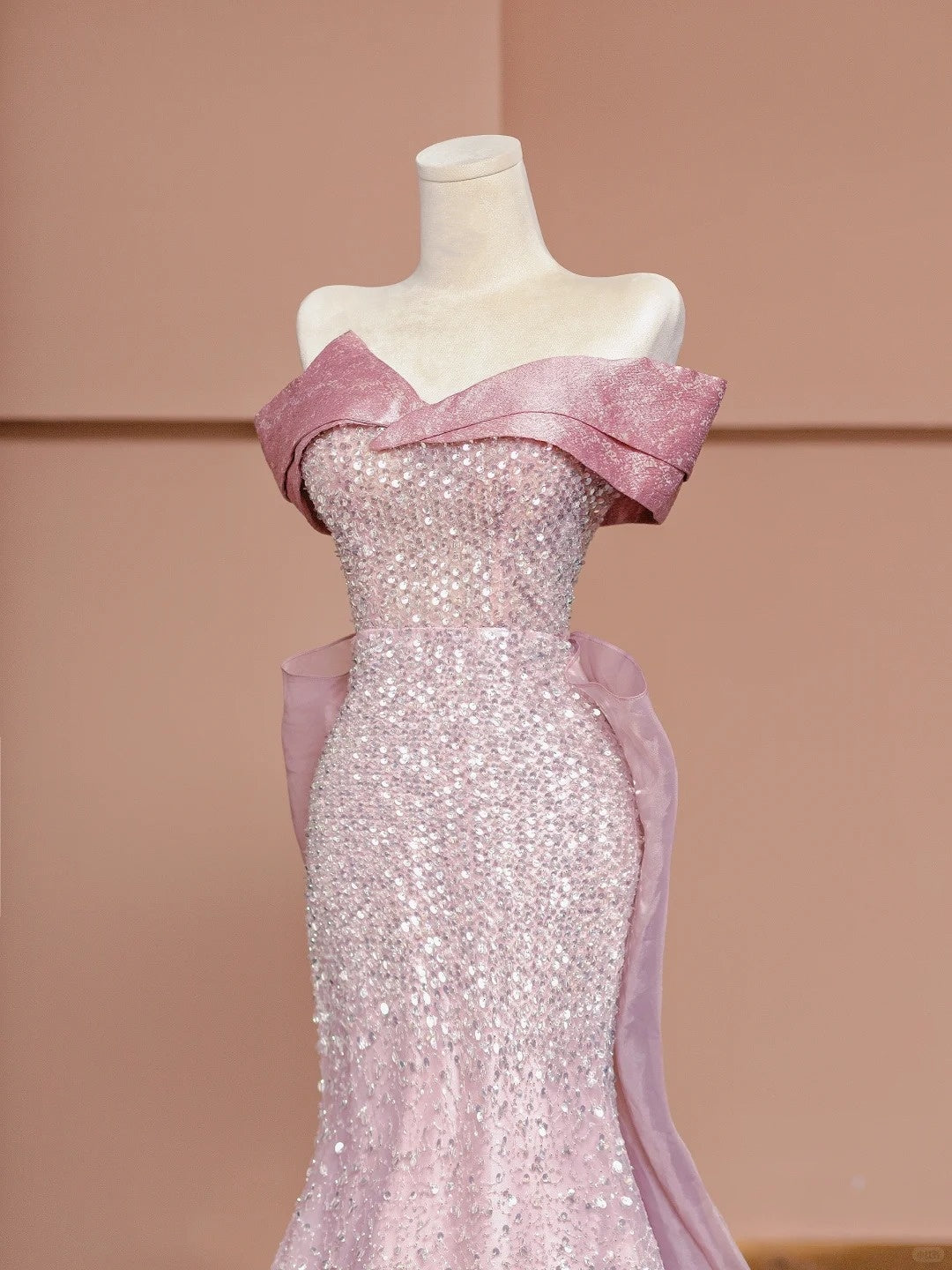 Elegant Mermaid Off-Shoulder Formal Dress Sequins Pink Tulle Prom Dress AP2344