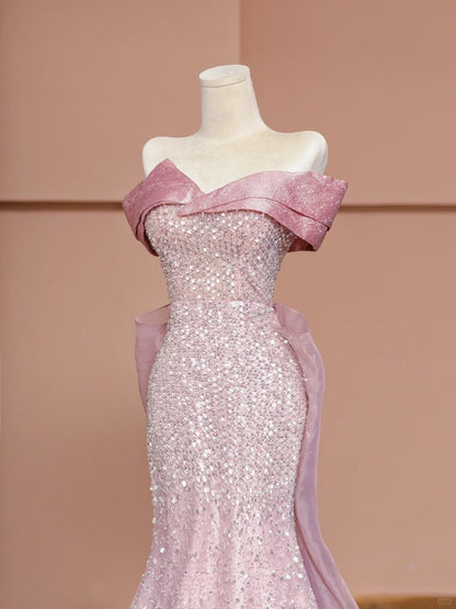 Elegant Mermaid Off-Shoulder Formal Dress Sequins Pink Tulle Prom Dress AP2344