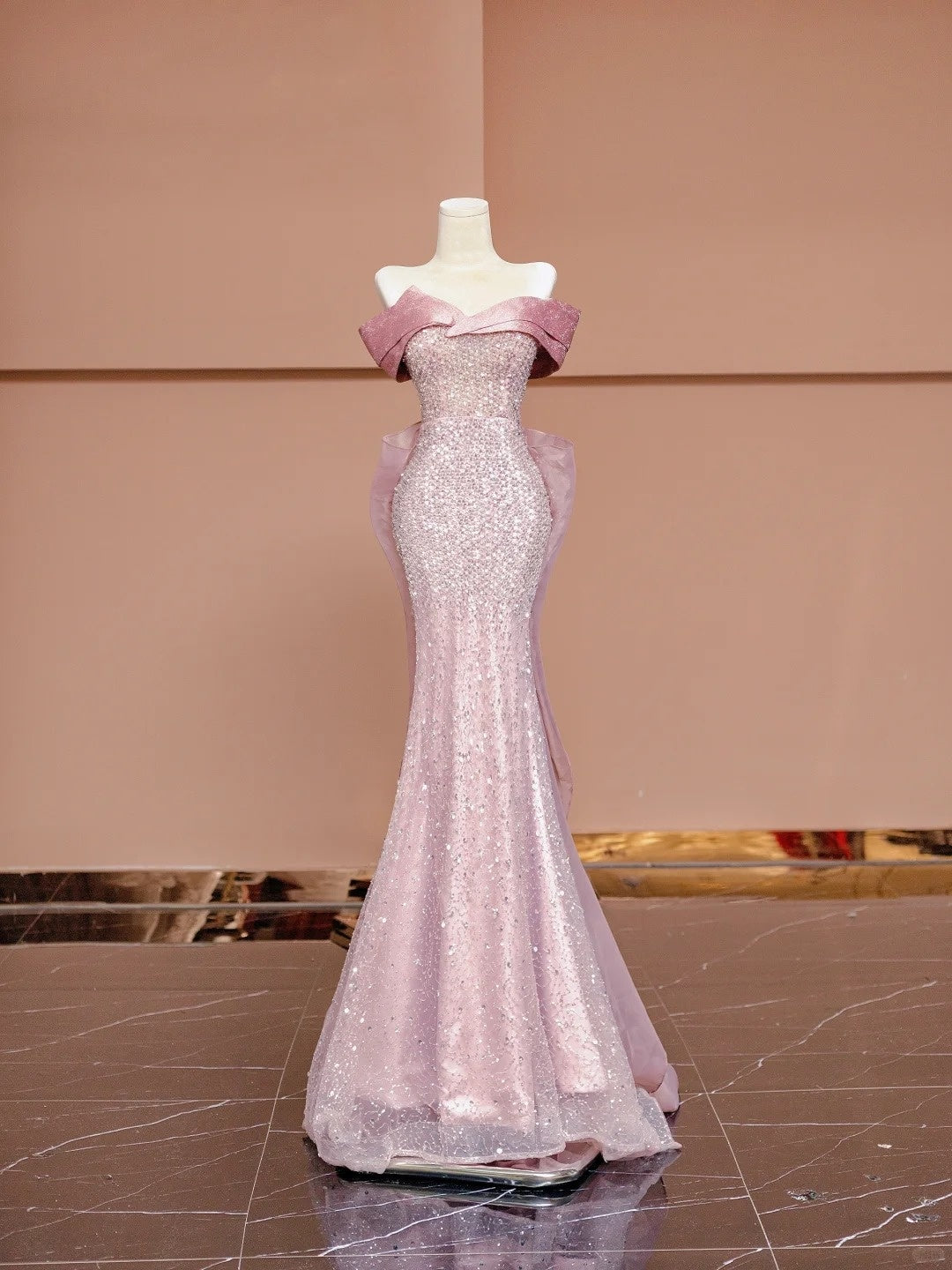 Elegant Mermaid Off-Shoulder Formal Dress Sequins Pink Tulle Prom Dress AP2344
