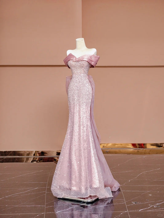 Elegant Mermaid Off-Shoulder Formal Dress Sequins Pink Tulle Prom Dress AP2344