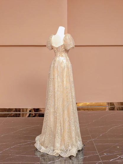 Chic A-Line Short Sleeve Square Neck Formal Dresses Beading Sequins Tulle Long Prom Dress AP2345