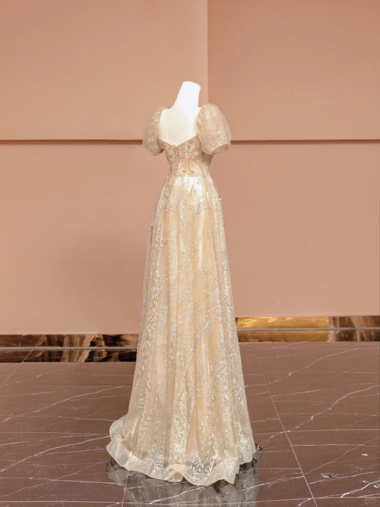 Chic A-Line Short Sleeve Square Neck Formal Dresses Beading Sequins Tulle Long Prom Dress AP2345