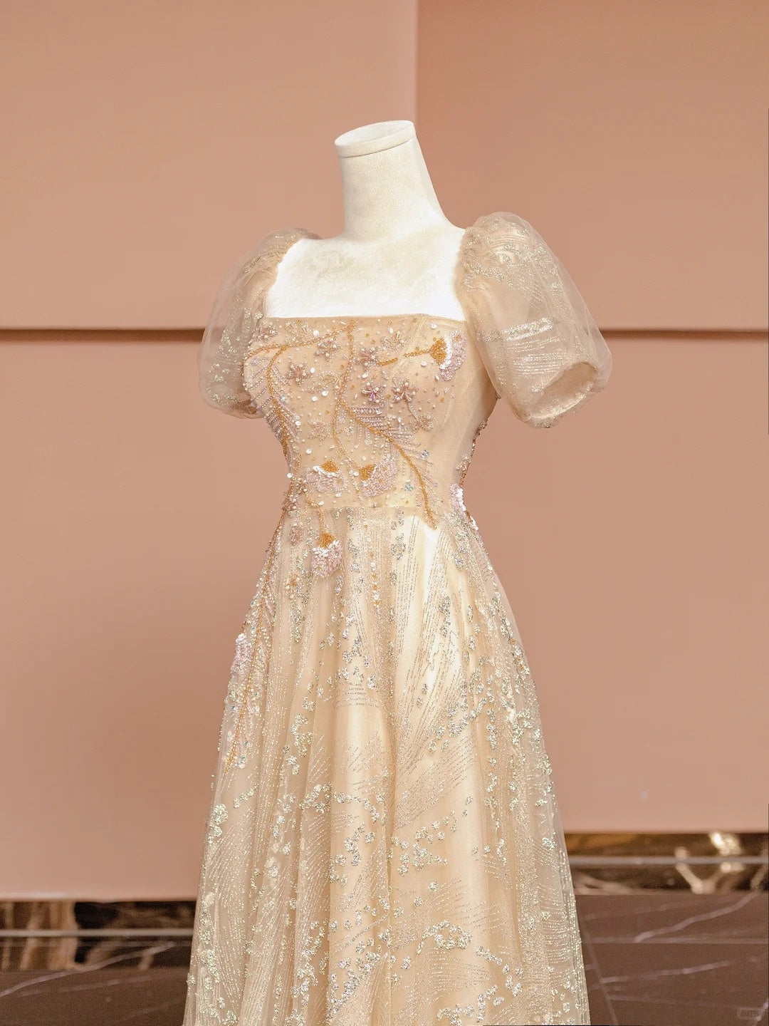 Chic A-Line Short Sleeve Square Neck Formal Dresses Beading Sequins Tulle Long Prom Dress AP2345