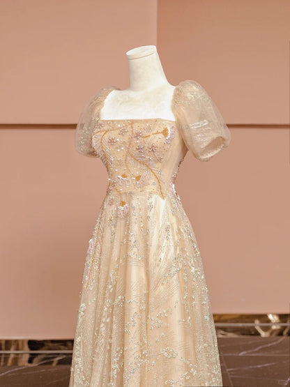 Chic A-Line Short Sleeve Square Neck Formal Dresses Beading Sequins Tulle Long Prom Dress AP2345