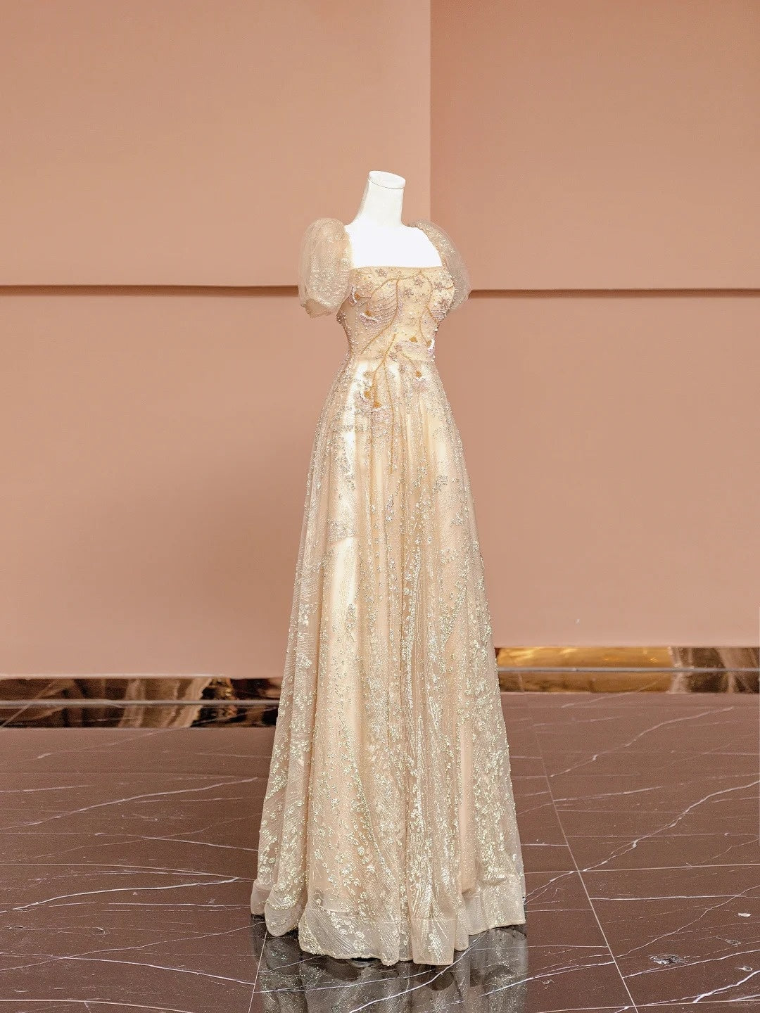 Chic A-Line Short Sleeve Square Neck Formal Dresses Beading Sequins Tulle Long Prom Dress AP2345