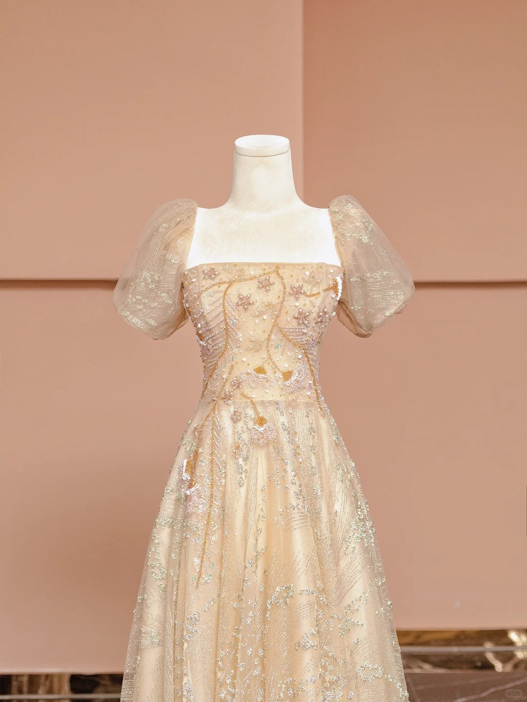 Chic A-Line Short Sleeve Square Neck Formal Dresses Beading Sequins Tulle Long Prom Dress AP2345