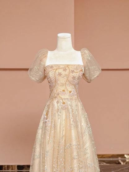 Chic A-Line Short Sleeve Square Neck Formal Dresses Beading Sequins Tulle Long Prom Dress AP2345