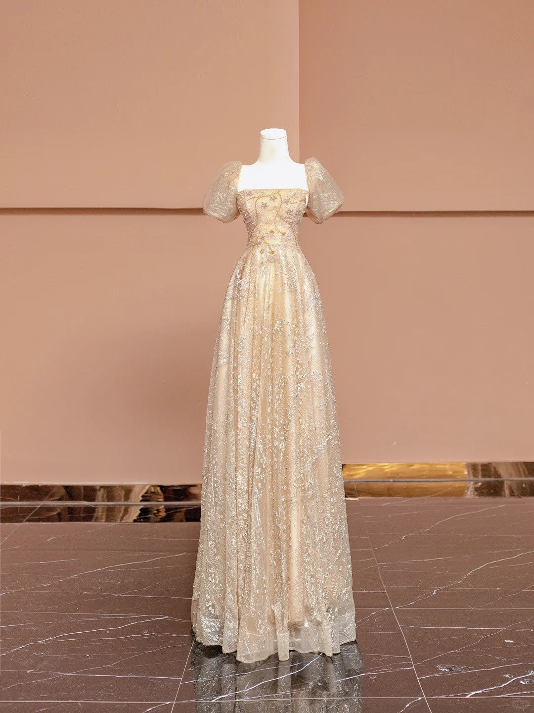 Chic A-Line Short Sleeve Square Neck Formal Dresses Beading Sequins Tulle Long Prom Dress AP2345