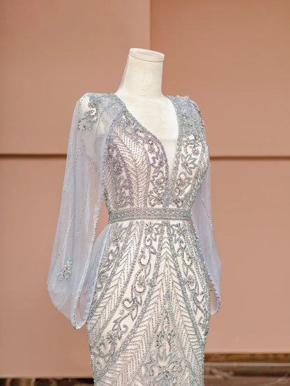 Exquisite V-Neck Mermaid Formal Dress Beading Tulle Prom Dress AP2346