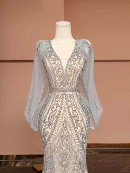 Exquisite V-Neck Mermaid Formal Dress Beading Tulle Prom Dress AP2346