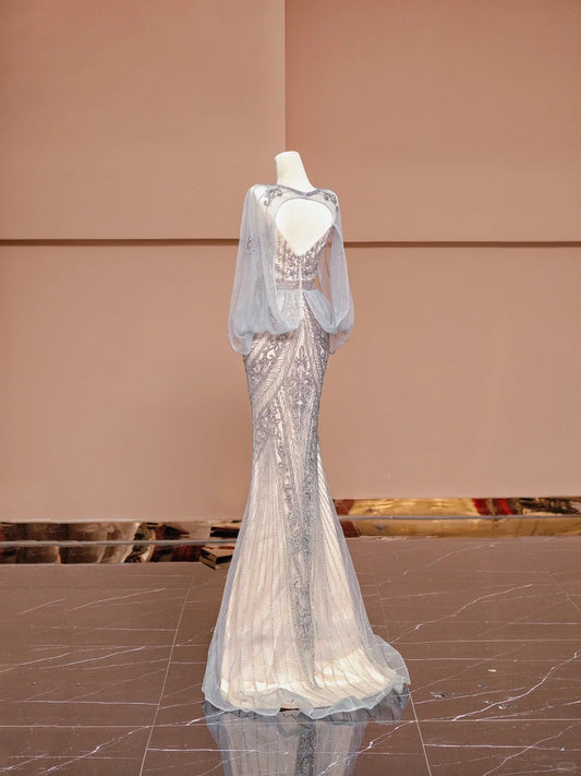 Exquisite V-Neck Mermaid Formal Dress Beading Tulle Prom Dress AP2346