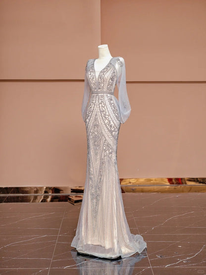 Exquisite V-Neck Mermaid Formal Dress Beading Tulle Prom Dress AP2346