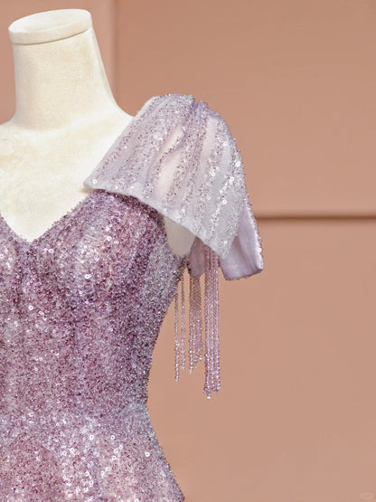 Charming A-Line V-Neck Formal Dresses Short Sleeve Beading Sequins Prom Dress AP2347