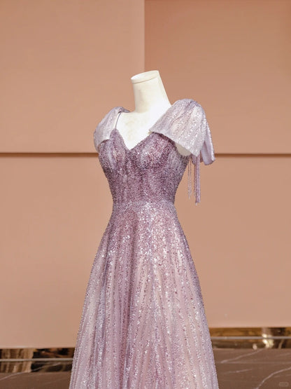 Charming A-Line V-Neck Formal Dresses Short Sleeve Beading Sequins Prom Dress AP2347