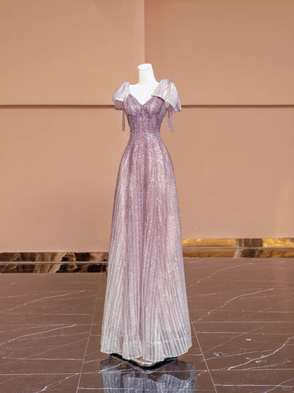 Charming A-Line V-Neck Formal Dresses Short Sleeve Beading Sequins Prom Dress AP2347