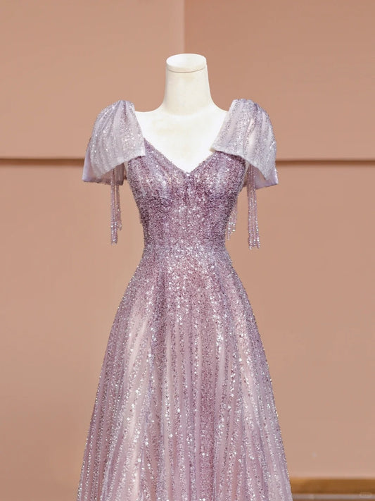 Charming A-Line V-Neck Formal Dresses Short Sleeve Beading Sequins Prom Dress AP2347