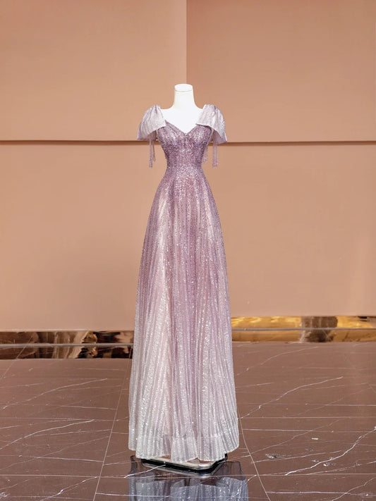 Charming A-Line V-Neck Formal Dresses Short Sleeve Beading Sequins Prom Dress AP2347