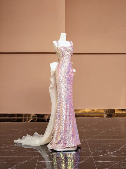 Stunning Square Neck Formal Dresses With Tulle Train Cutout Sequins Mermaid Prom Dress AP2348