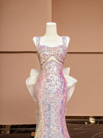 Stunning Square Neck Formal Dresses With Tulle Train Cutout Sequins Mermaid Prom Dress AP2348