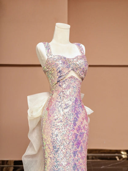 Stunning Square Neck Formal Dresses With Tulle Train Cutout Sequins Mermaid Prom Dress AP2348