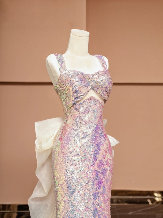 Stunning Square Neck Formal Dresses With Tulle Train Cutout Sequins Mermaid Prom Dress AP2348