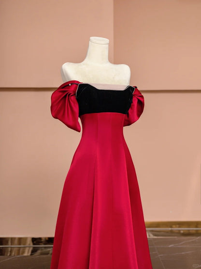 Gorgeous A-Line Off-Shoulder Evening Gowns Red Satin Beading Long Prom Dress AP2349