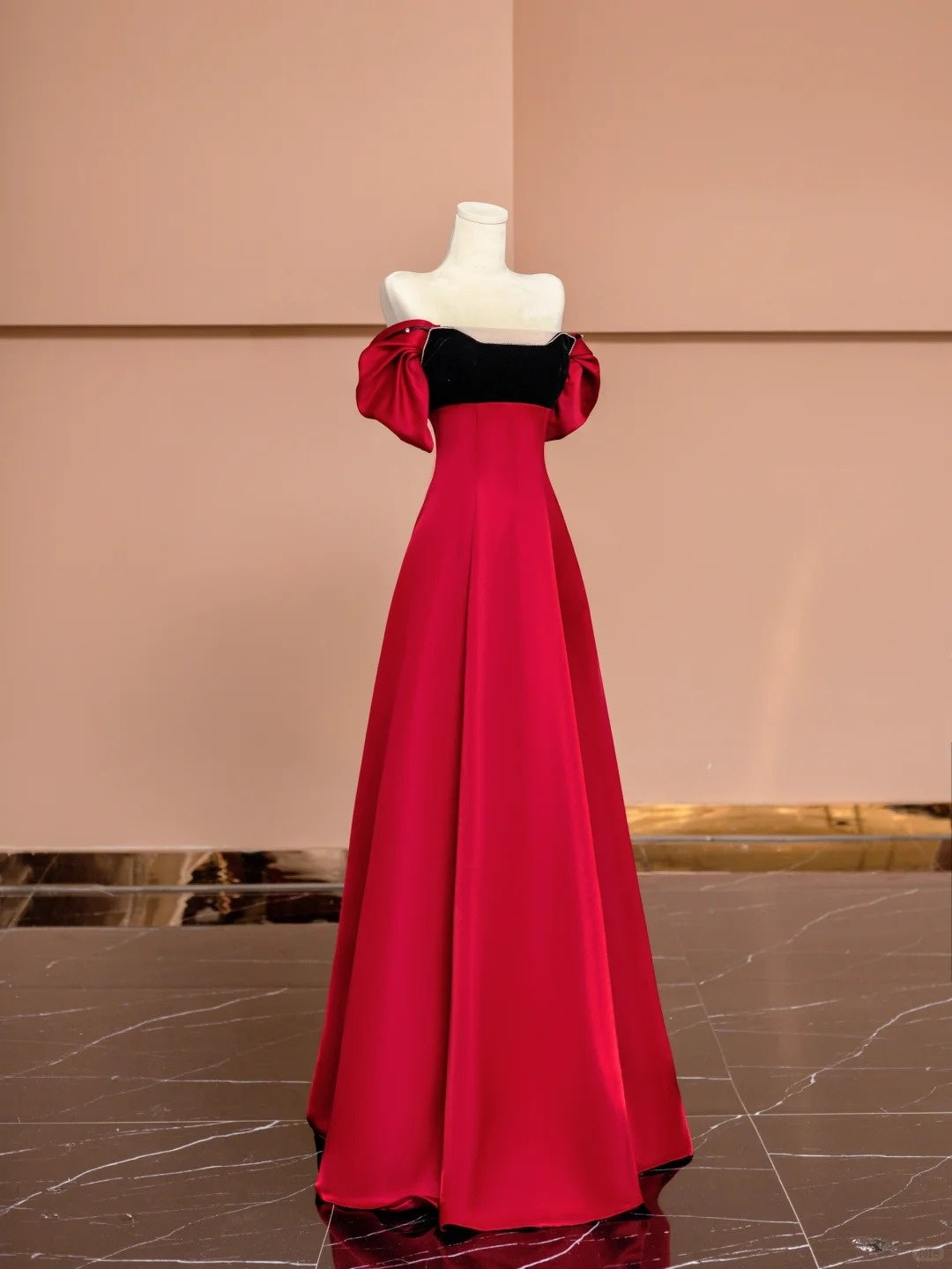 Gorgeous A-Line Off-Shoulder Evening Gowns Red Satin Beading Long Prom Dress AP2349