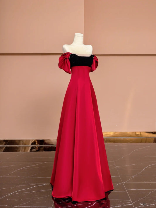 Gorgeous A-Line Off-Shoulder Evening Gowns Red Satin Beading Long Prom Dress AP2349
