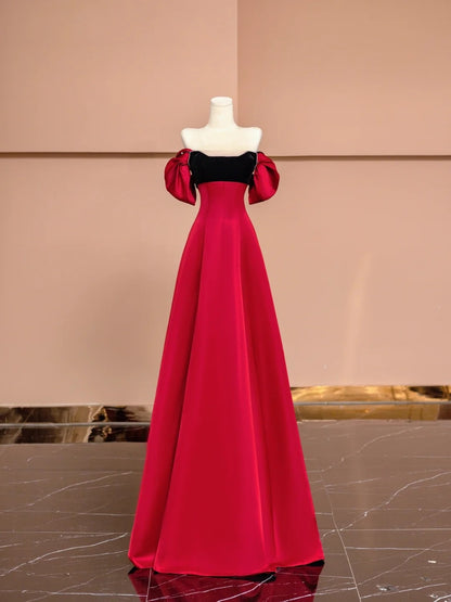 Gorgeous A-Line Off-Shoulder Evening Gowns Red Satin Beading Long Prom Dress AP2349