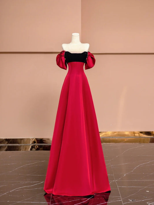 Gorgeous A-Line Off-Shoulder Evening Gowns Red Satin Beading Long Prom Dress AP2349