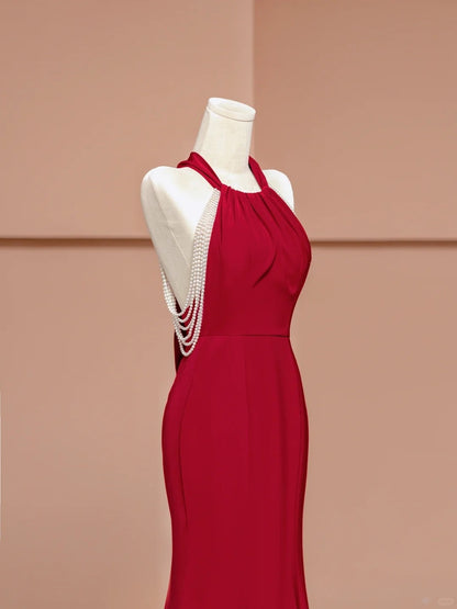 Classical Mermaid Halter Neck Formal Dresses Red Backless Beading Prom Dress AP2350