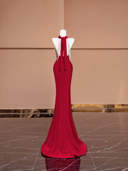 Classical Mermaid Halter Neck Formal Dresses Red Backless Beading Prom Dress AP2350