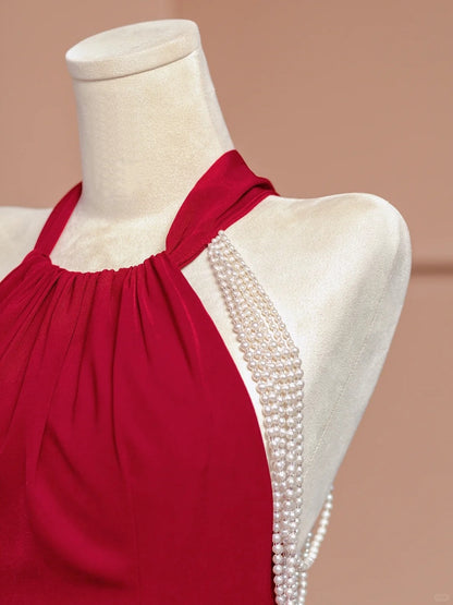 Classical Mermaid Halter Neck Formal Dresses Red Backless Beading Prom Dress AP2350
