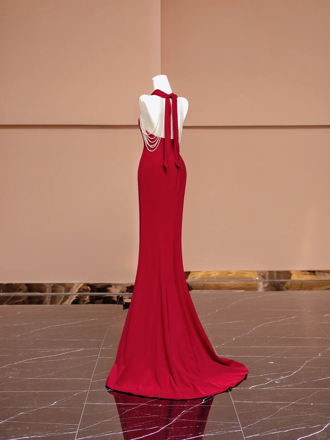 Classical Mermaid Halter Neck Formal Dresses Red Backless Beading Prom Dress AP2350