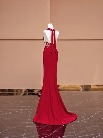 Classical Mermaid Halter Neck Formal Dresses Red Backless Beading Prom Dress AP2350