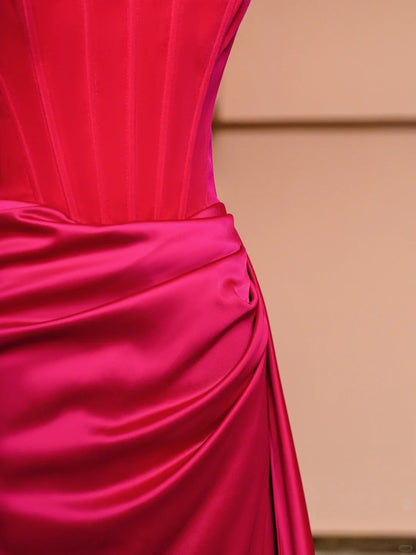 Vibrant Strapless Sheath Evening Gowns Floor Length Pleated Satin Prom Dress AP2351